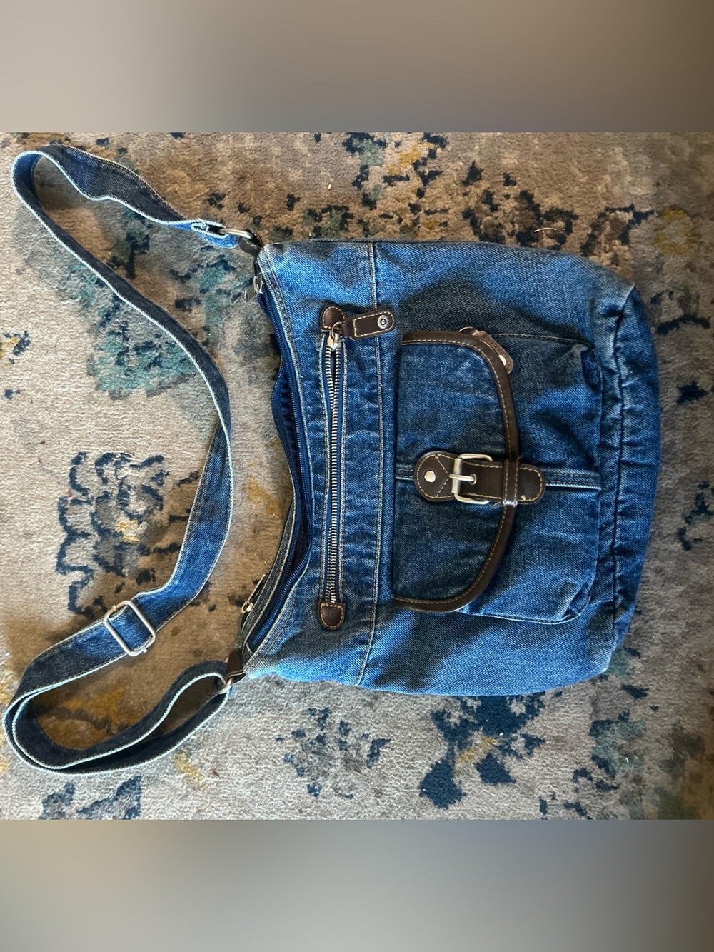 Denim Crossbody Shoulder Bag with Buckle Accent - Blue